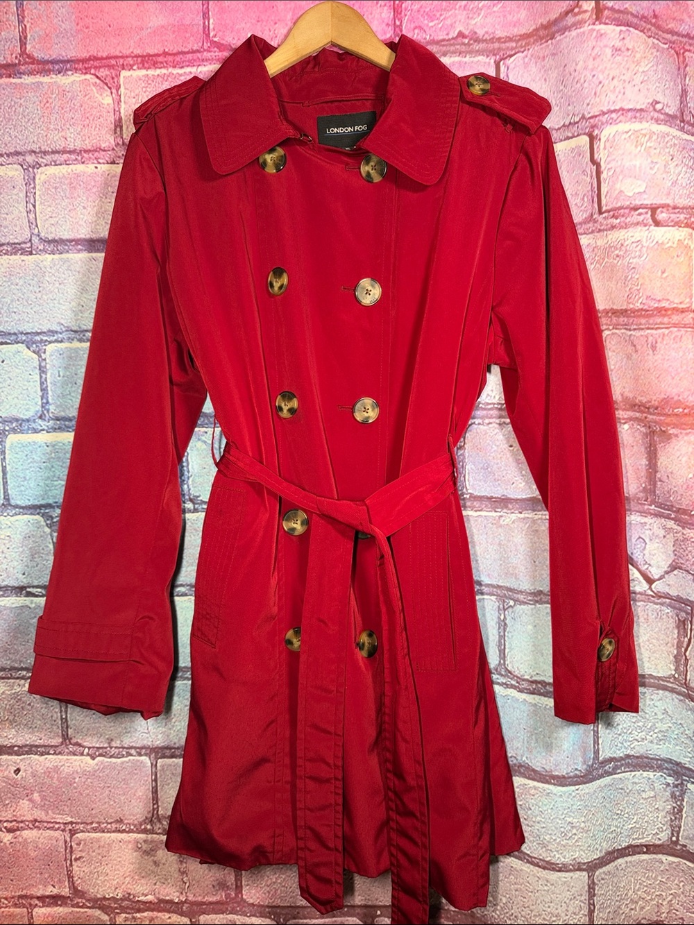 London Fog Women's XL Red Double Breasted Belted Trench Coat Jacket